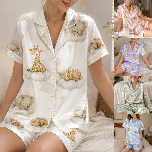PJ-269-Satin Colorful Dreamy Animal Cloud White Piping Button Up Pajama Set FREE SHIPPING