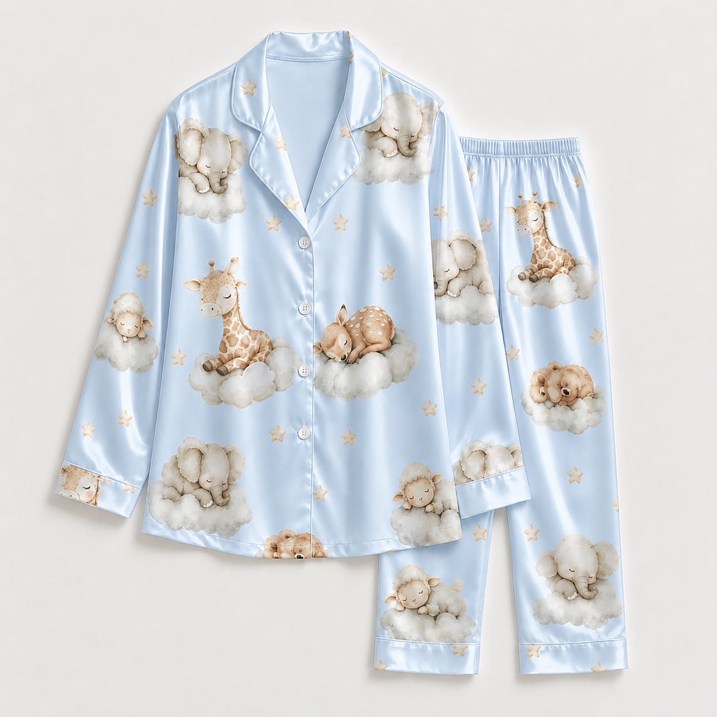 PJ-269-Satin Colorful Dreamy Animal Cloud White Piping Button Up Pajama Set FREE SHIPING