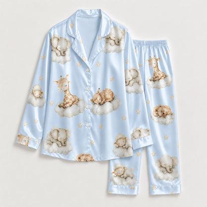 PJ-269-Satin Colorful Dreamy Animal Cloud White Piping Button Up Pajama Set FREE SHIPING