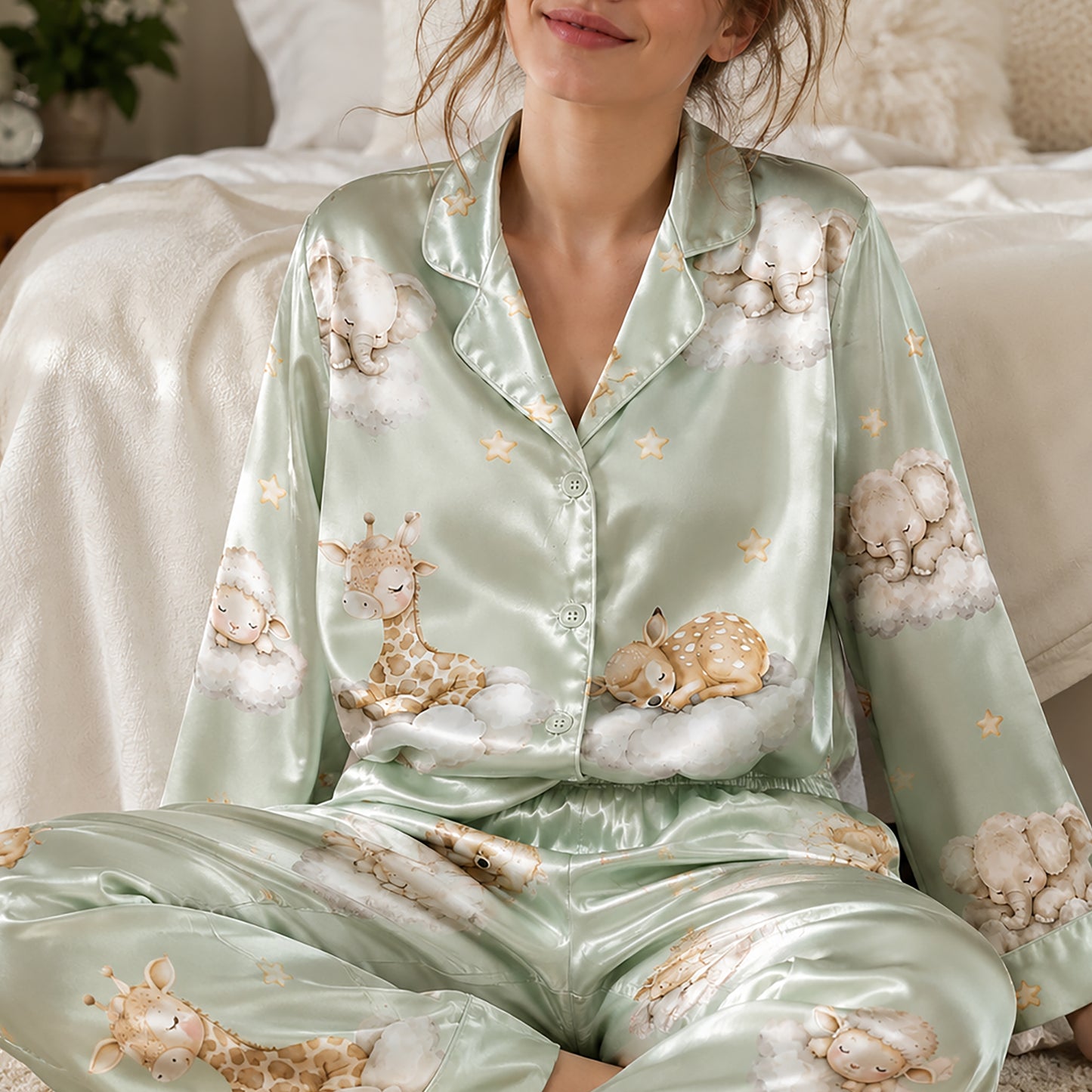 PJ-269-Satin Colorful Dreamy Animal Cloud White Piping Button Up Pajama Set FREE SHIPING