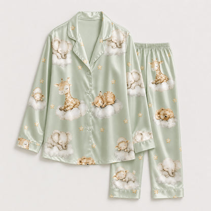 PJ-269-Satin Colorful Dreamy Animal Cloud White Piping Button Up Pajama Set FREE SHIPING