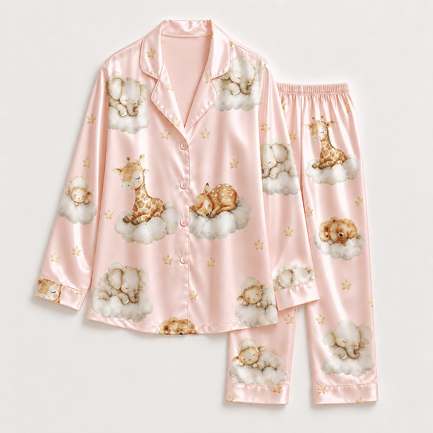PJ-269-Satin Colorful Dreamy Animal Cloud White Piping Button Up Pajama Set FREE SHIPING