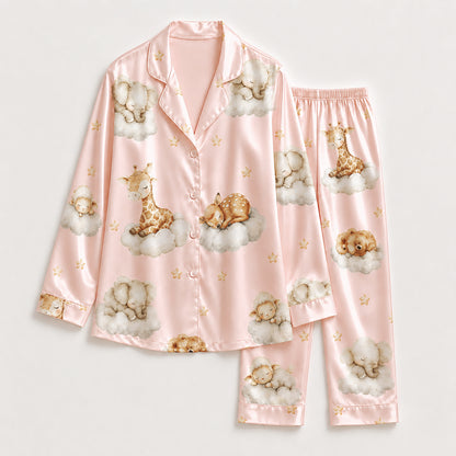 PJ-269-Satin Colorful Dreamy Animal Cloud White Piping Button Up Pajama Set FREE SHIPING