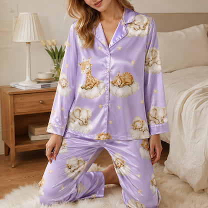 PJ-269-Satin Colorful Dreamy Animal Cloud White Piping Button Up Pajama Set FREE SHIPING