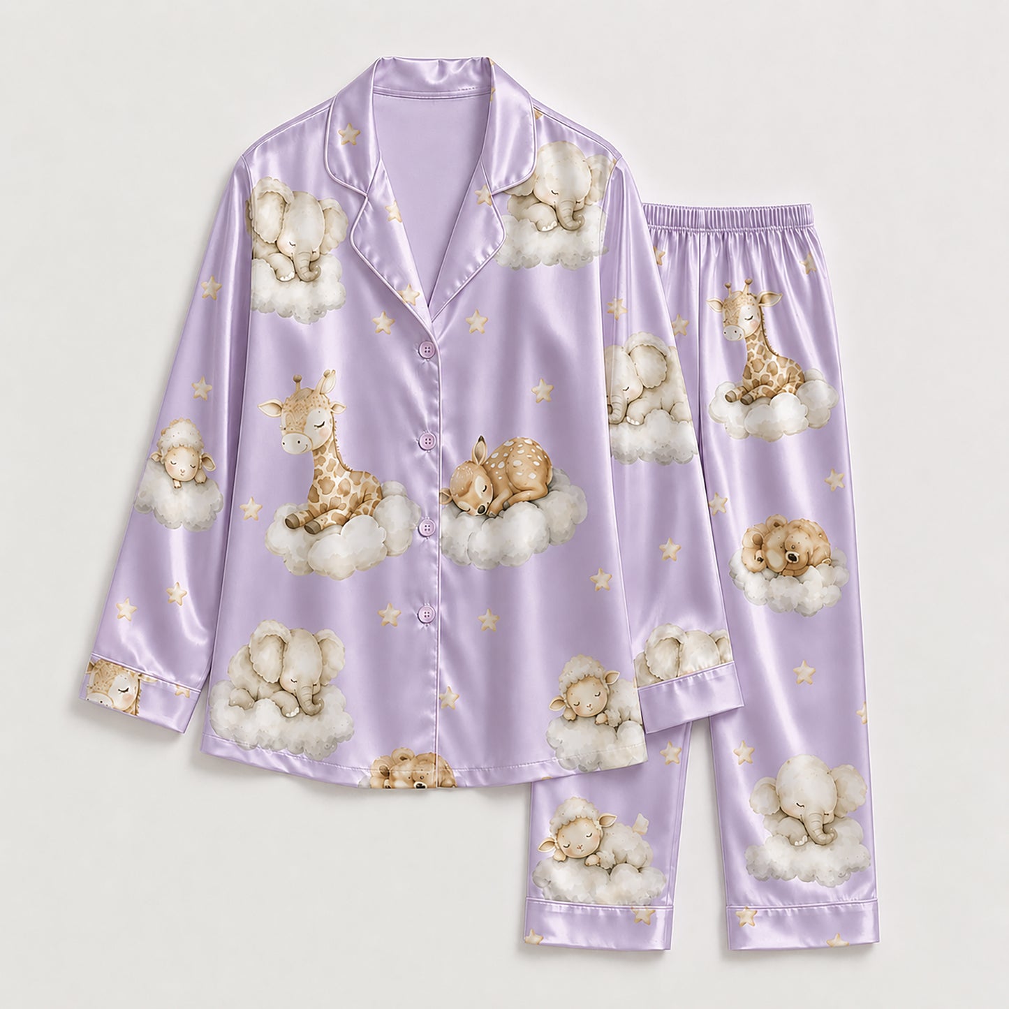 PJ-269-Satin Colorful Dreamy Animal Cloud White Piping Button Up Pajama Set FREE SHIPING