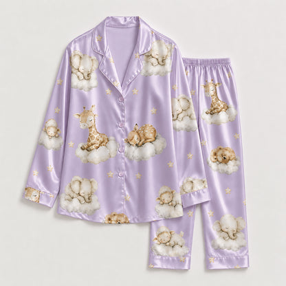 PJ-269-Satin Colorful Dreamy Animal Cloud White Piping Button Up Pajama Set FREE SHIPING