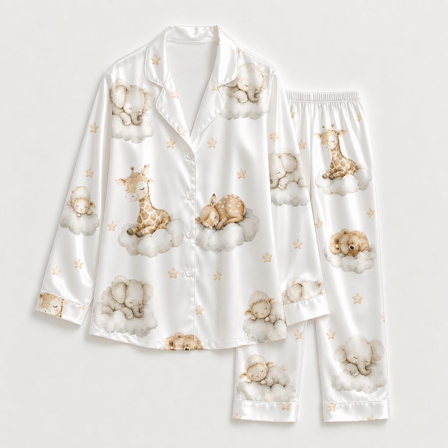 PJ-269-Satin Colorful Dreamy Animal Cloud White Piping Button Up Pajama Set FREE SHIPING
