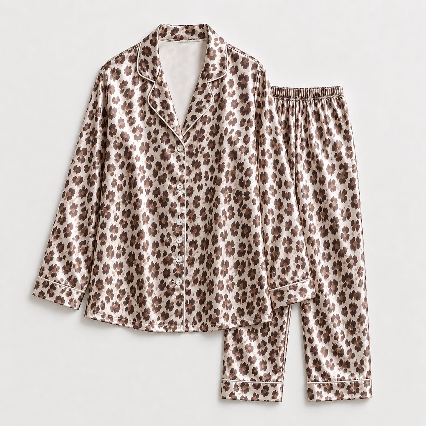 PJ-277-Satin Leopard Floral White Piping Button Up Pajama Set FREE SHIPING