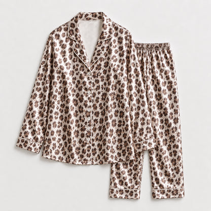 PJ-277-Satin Leopard Floral White Piping Button Up Pajama Set FREE SHIPING