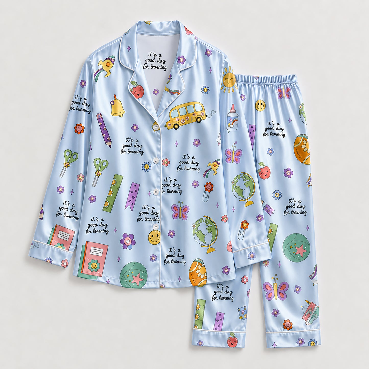 PJ-278-Satin Colorful Back to School White Piping Button Up Pajama Set FREE SHIPING