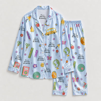PJ-278-Satin Colorful Back to School White Piping Button Up Pajama Set FREE SHIPING