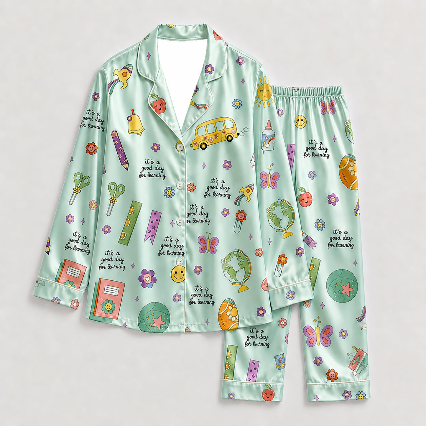 PJ-278-Satin Colorful Back to School White Piping Button Up Pajama Set FREE SHIPING
