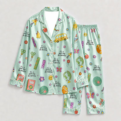 PJ-278-Satin Colorful Back to School White Piping Button Up Pajama Set FREE SHIPING