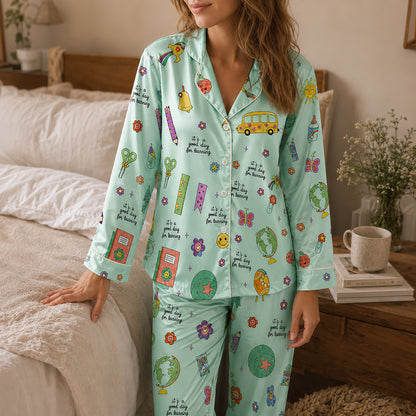 PJ-278-Satin Colorful Back to School White Piping Button Up Pajama Set FREE SHIPING