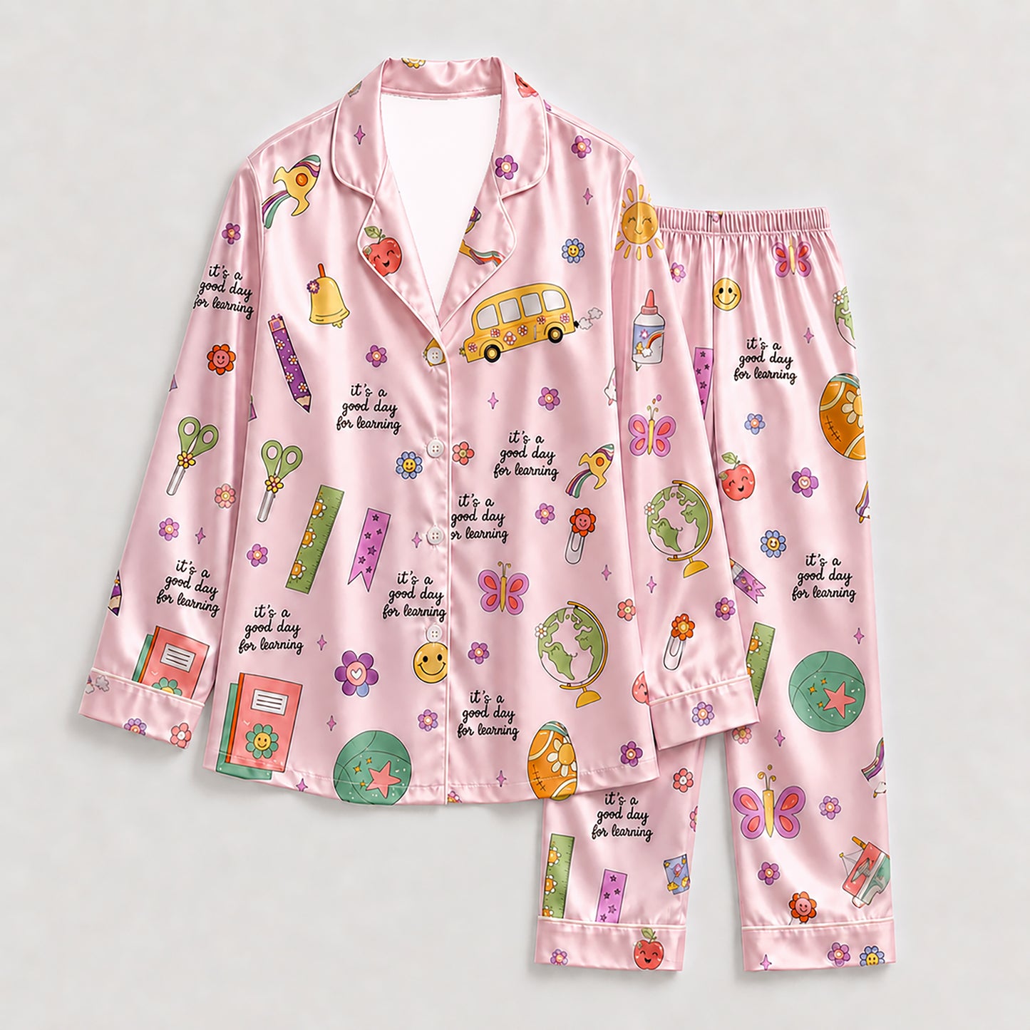 PJ-278-Satin Colorful Back to School White Piping Button Up Pajama Set FREE SHIPING