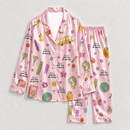 PJ-278-Satin Colorful Back to School White Piping Button Up Pajama Set FREE SHIPING