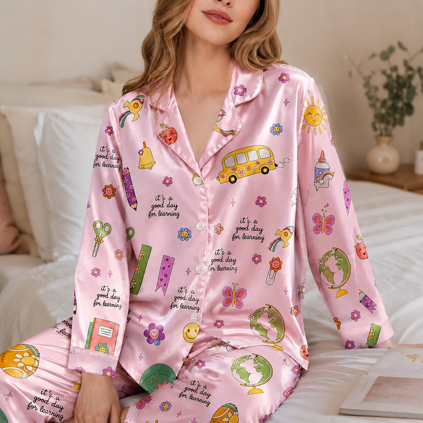 PJ-278-Satin Colorful Back to School White Piping Button Up Pajama Set FREE SHIPING