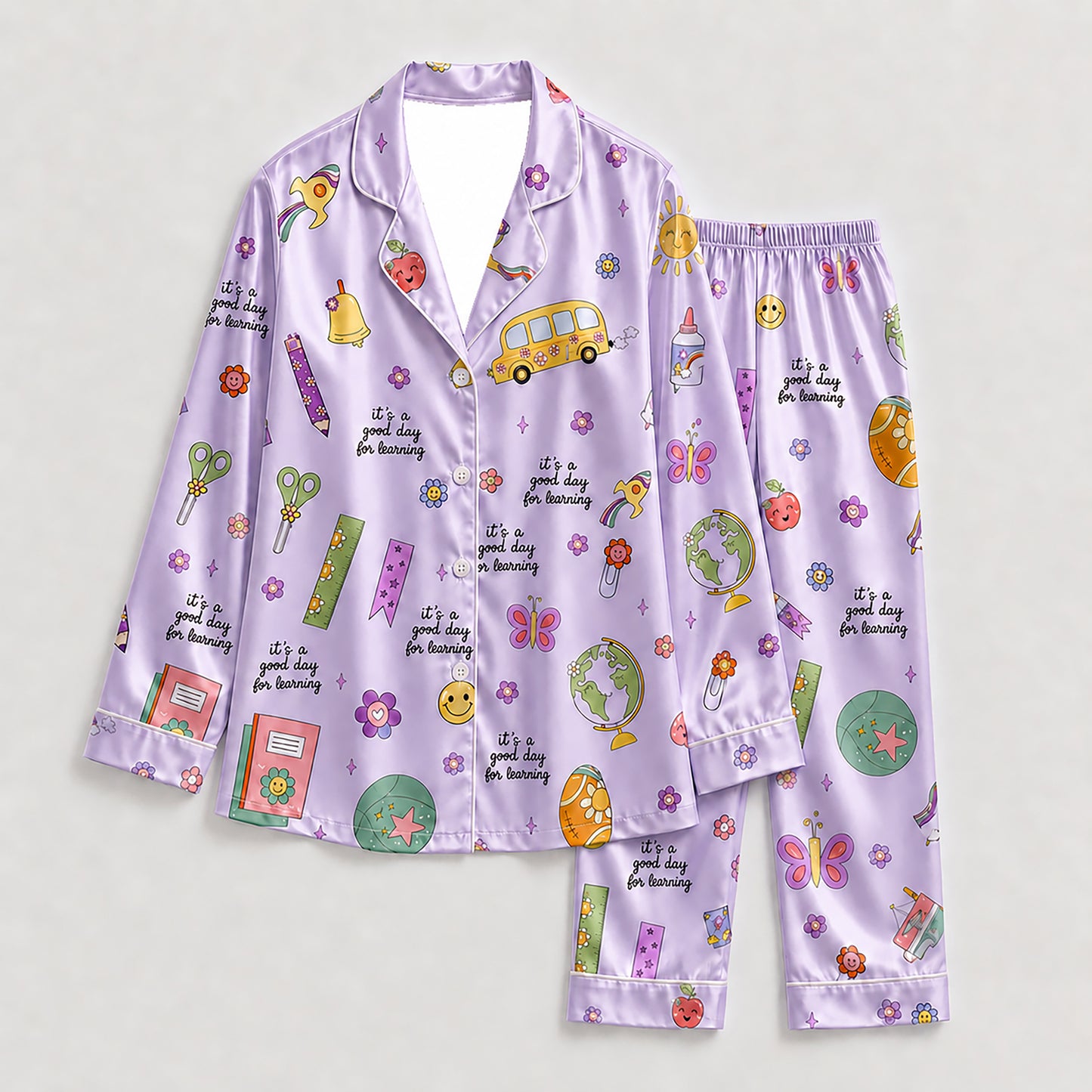 PJ-278-Satin Colorful Back to School White Piping Button Up Pajama Set FREE SHIPING