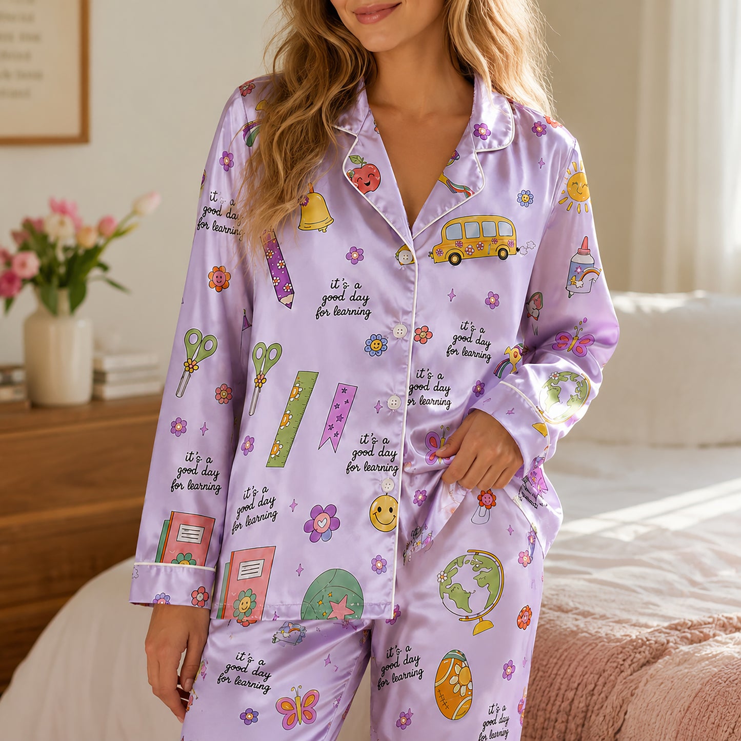 PJ-278-Satin Colorful Back to School White Piping Button Up Pajama Set FREE SHIPING