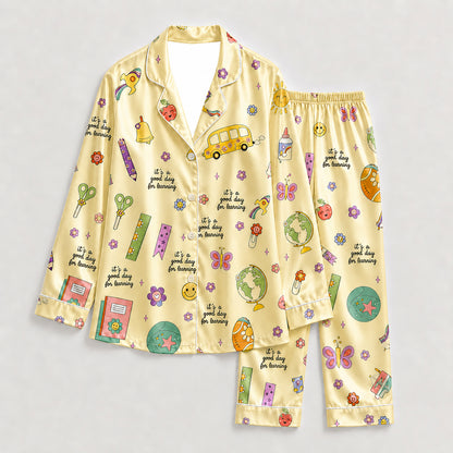 PJ-278-Satin Colorful Back to School White Piping Button Up Pajama Set FREE SHIPING