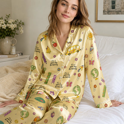 PJ-278-Satin Colorful Back to School White Piping Button Up Pajama Set FREE SHIPING
