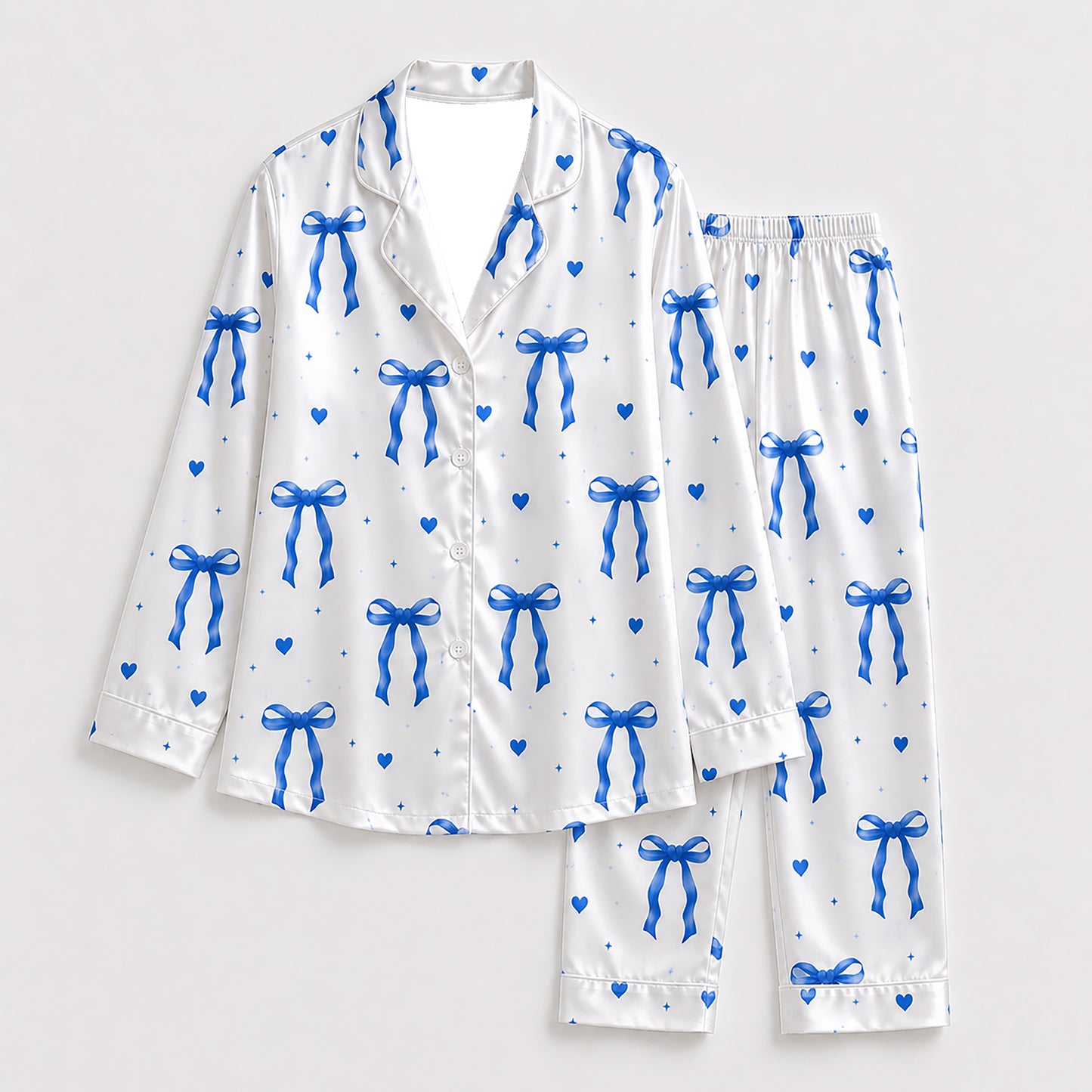 PJ-285-Cobalt Blue Coquette Bow Satin Pajama Set, White Graphic Heart Loungewear Sleepwear Collection Nightwear FREE SHIPPING