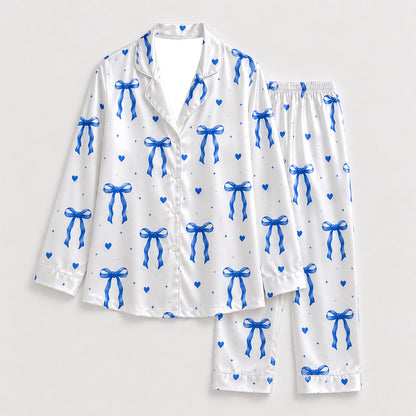 PJ-285-Cobalt Blue Coquette Bow Satin Pajama Set, White Graphic Heart Loungewear Sleepwear Collection Nightwear FREE SHIPPING