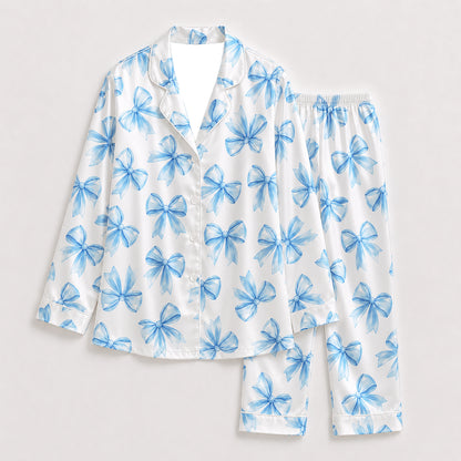 PJ-287-Sky Blue Coquette Bow Satin Pajama Set, White Graphic Ribbon Loungewear Sleepwear Collection Nightwear
