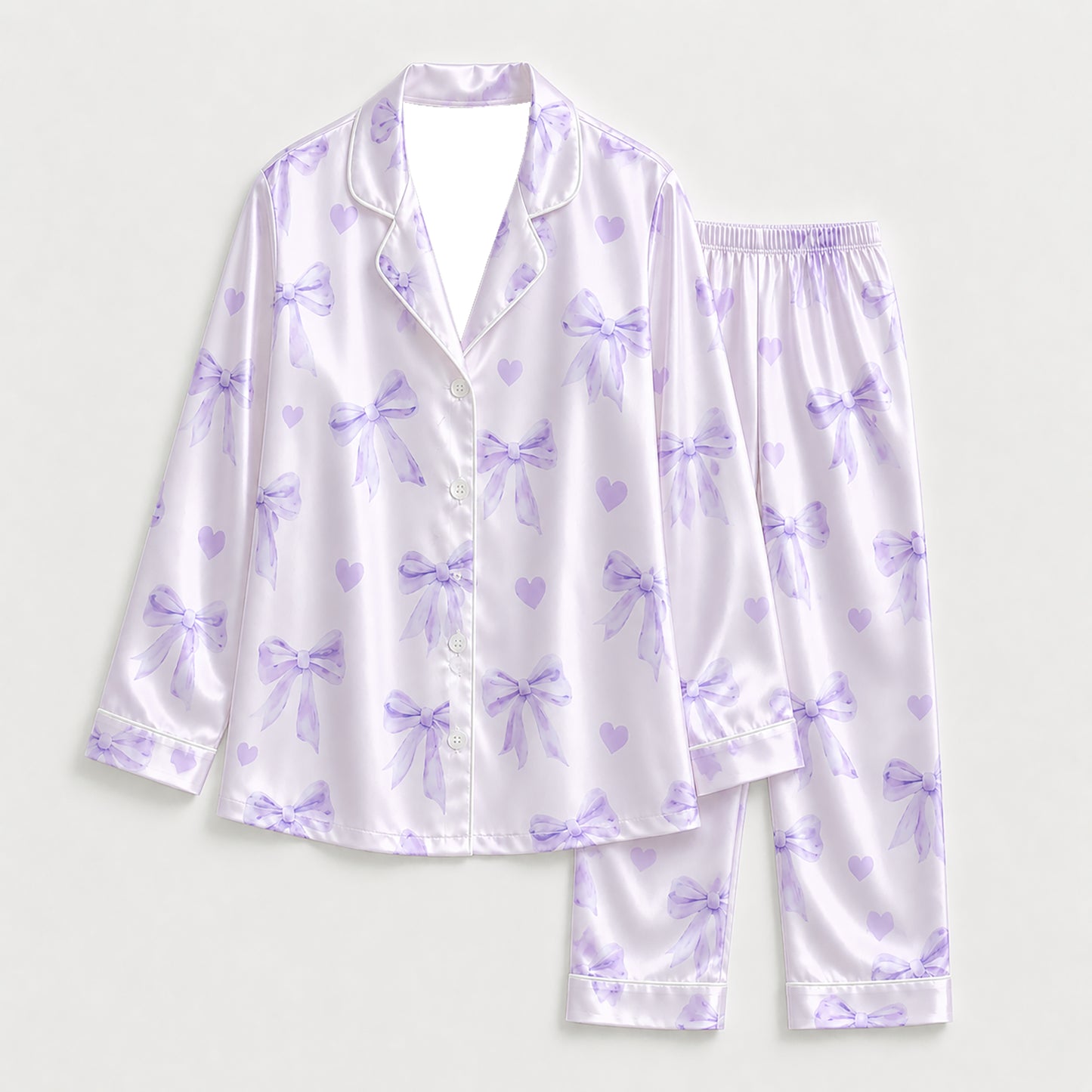 PJ-288-Lavender Coquette Bow Satin Pajama Set, Purple Graphic Heart Loungewear Sleepwear Collection Nightwear