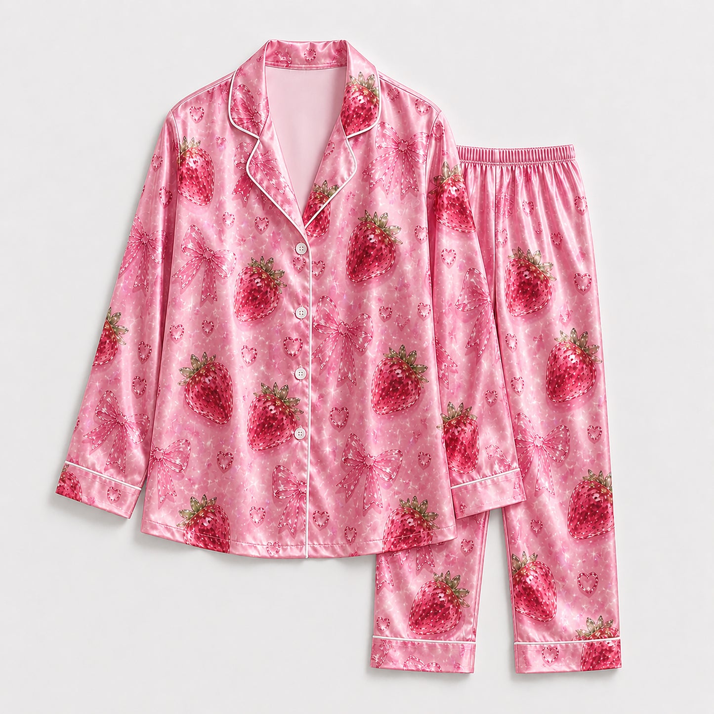 PJ-289-Patterned Sweetheart Luxury Satin Pajama Set, Light Fuchsia Short Sleeve Button Front Apparel Nightshirts