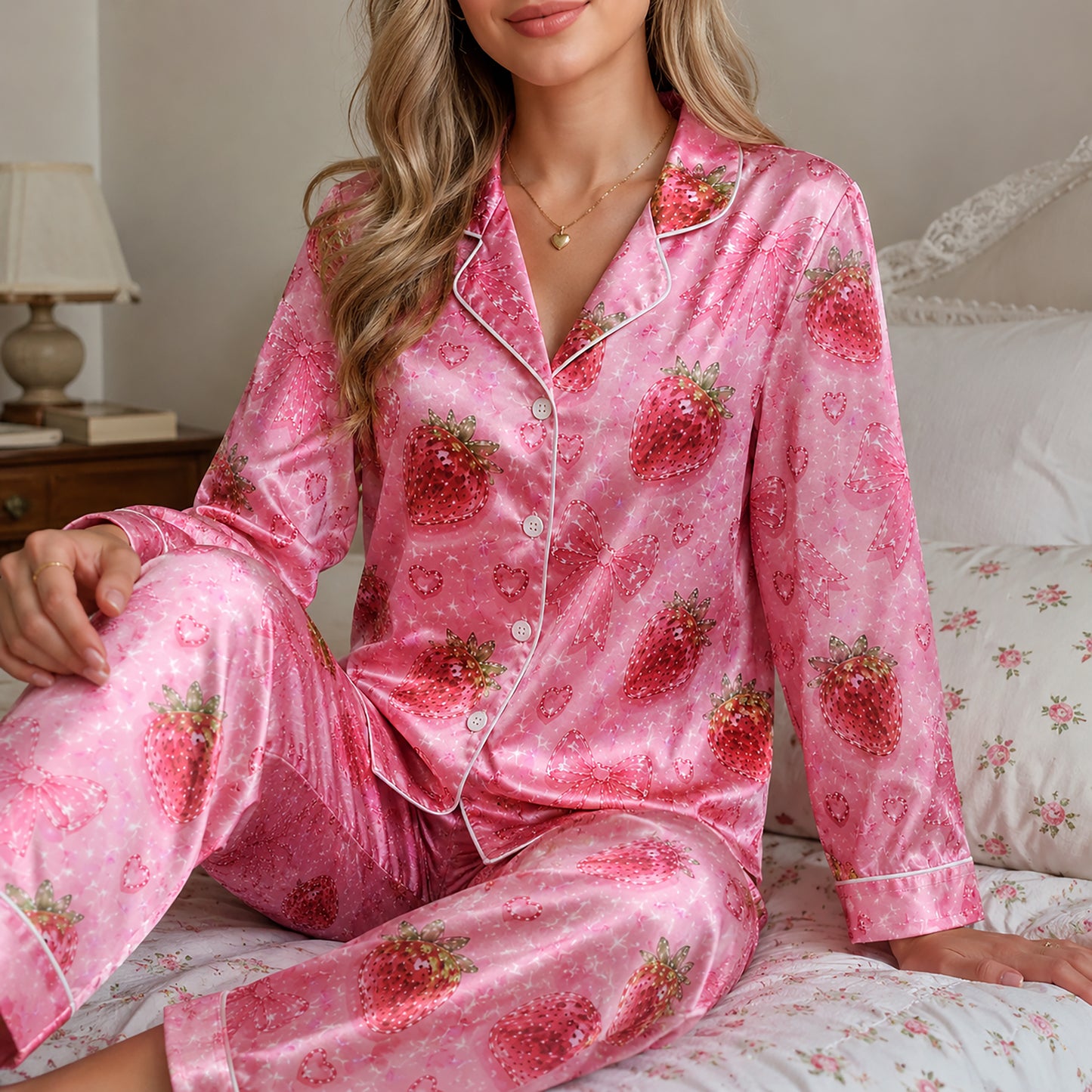 PJ-289-Patterned Sweetheart Luxury Satin Pajama Set, Light Fuchsia Short Sleeve Button Front Apparel Nightshirts