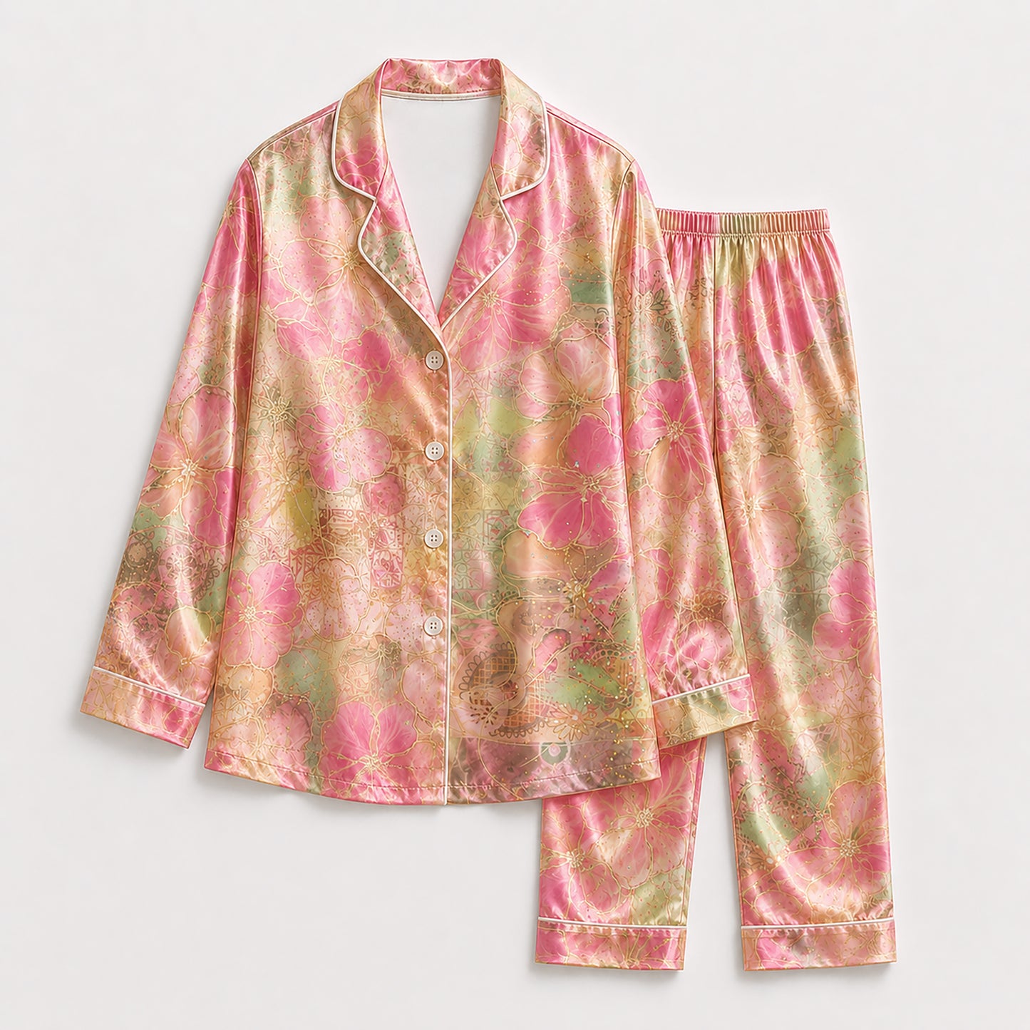PJ-290-Vintage Flower Printed Satin Pajama Set, Whimsical Blossom Pastel Unisex Sleepwear Lounge Coordinates Suit