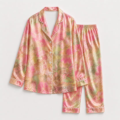 PJ-290-Vintage Flower Printed Satin Pajama Set, Whimsical Blossom Pastel Unisex Sleepwear Lounge Coordinates Suit