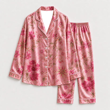 PJ-293-Pink Floral Satin Pajama Set, Gold Rose Graphic Print Loungewear Sleepwear Collection Nightwear Luxury