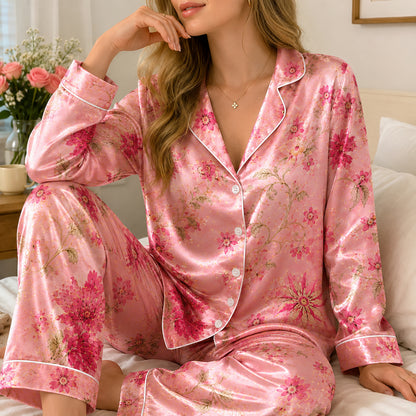 PJ-293-Pink Floral Satin Pajama Set, Gold Rose Graphic Print Loungewear Sleepwear Collection Nightwear Luxury