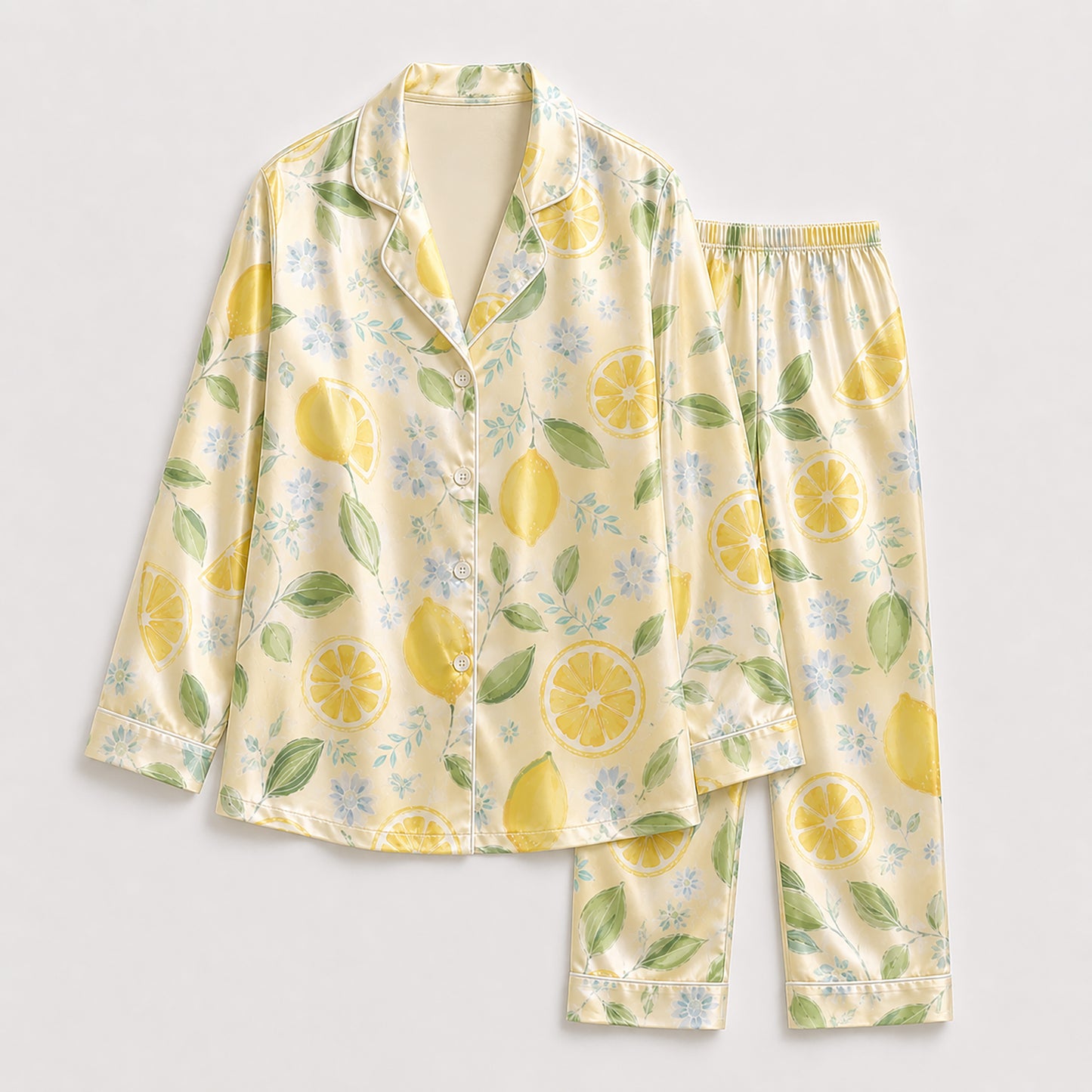 PJ-295-Yellow Citrus Pattern Satin Pajama Set, Romantic Golden Graphic Print Homewear Pjs Set Lounging FREE SHIPPING