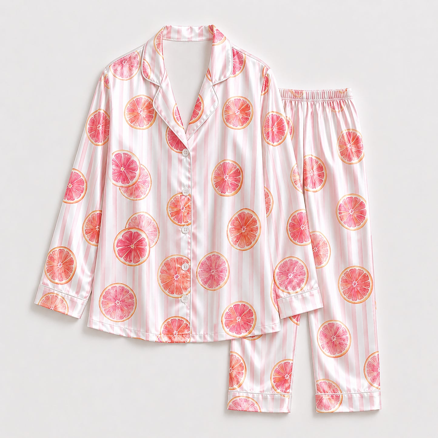 PJ-296-Pink Grapefruit Striped Satin Pajama Set, White Graphic Citrus Fruit Loungewear Sleepwear Nightwear Collection FREE SHIPPING