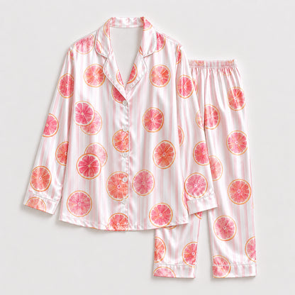 PJ-296-Pink Grapefruit Striped Satin Pajama Set, White Graphic Citrus Fruit Loungewear Sleepwear Nightwear Collection FREE SHIPPING