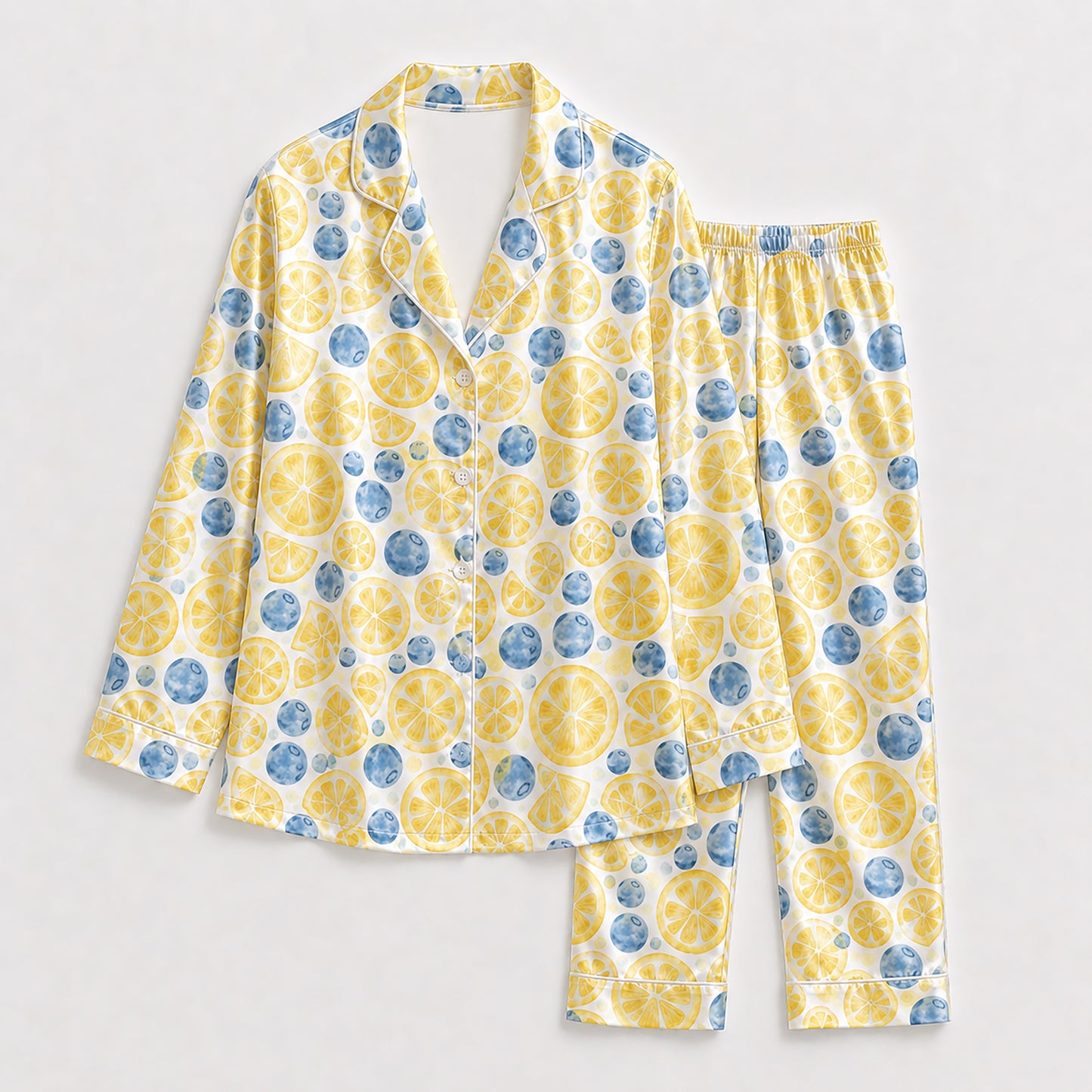 PJ-297-Patterned Orchard Luxury Satin Pajama Set, Light Amber Short Sleeve Button Front Apparel Nightshirts FREE SHIPPING
