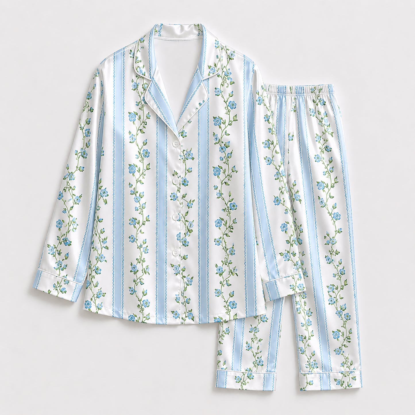 PJ-309-Floral Vine and Stripe Print Button Front Satin Sleepwear Pajamas