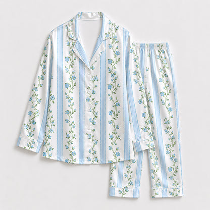 PJ-309-Floral Vine and Stripe Print Button Front Satin Sleepwear Pajamas