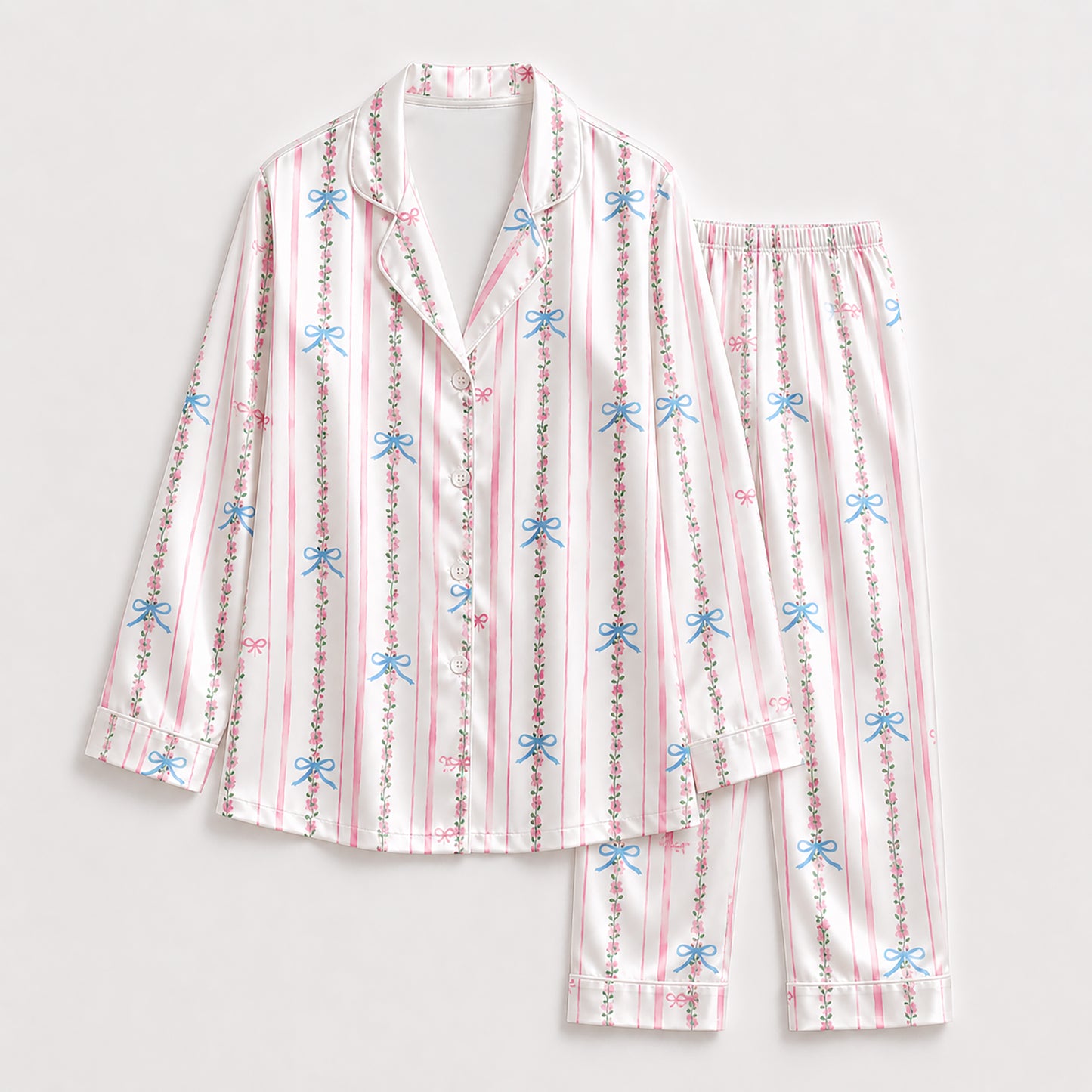 PJ-310-Women's Button Down Satin Pajama Sleepwear Set Pink Striped Floral Bow Print