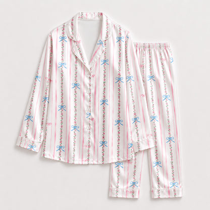 PJ-310-Women's Button Down Satin Pajama Sleepwear Set Pink Striped Floral Bow Print