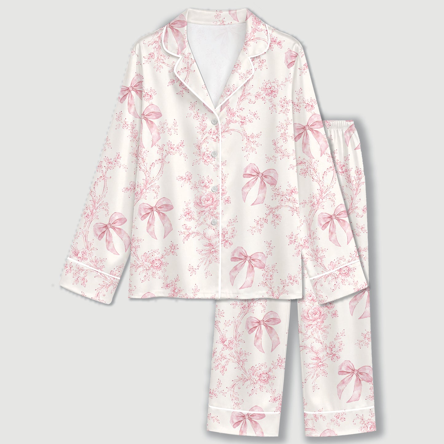 PJ-311-Violet Toile Floral Ribbon Pattern Satin Pajamas Button Up Lounge Set