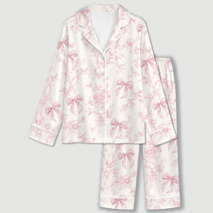 PJ-311-Violet Toile Floral Ribbon Pattern Satin Pajamas Button Up Lounge Set