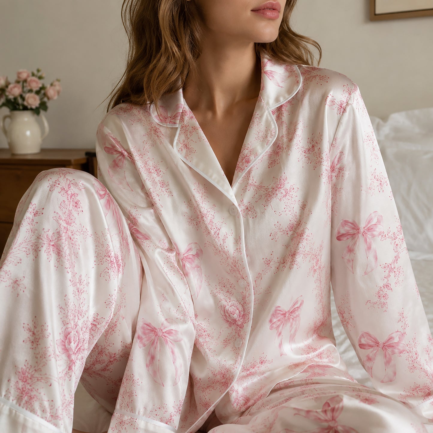 PJ-311-Violet Toile Floral Ribbon Pattern Satin Pajamas Button Up Lounge Set