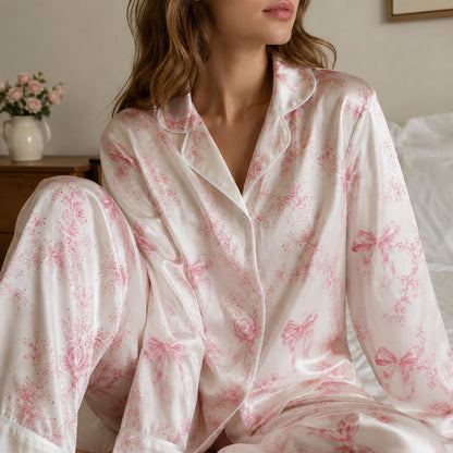 PJ-311-Violet Toile Floral Ribbon Pattern Satin Pajamas Button Up Lounge Set