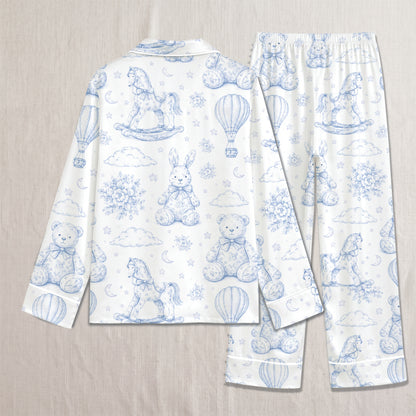 PJ-312-Vintage Toy Animal Sketch Print Satin Button Down Pajama Set