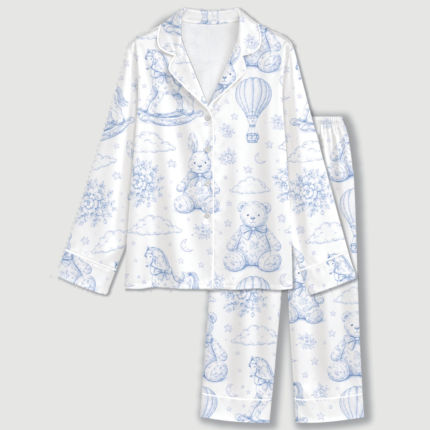 PJ-312-Vintage Toy Animal Sketch Print Satin Button Down Pajama Set