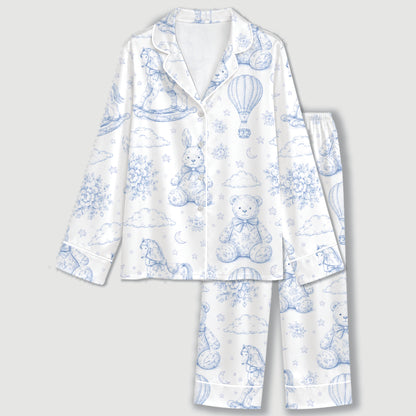 PJ-312-Vintage Toy Animal Sketch Print Satin Button Down Pajama Set